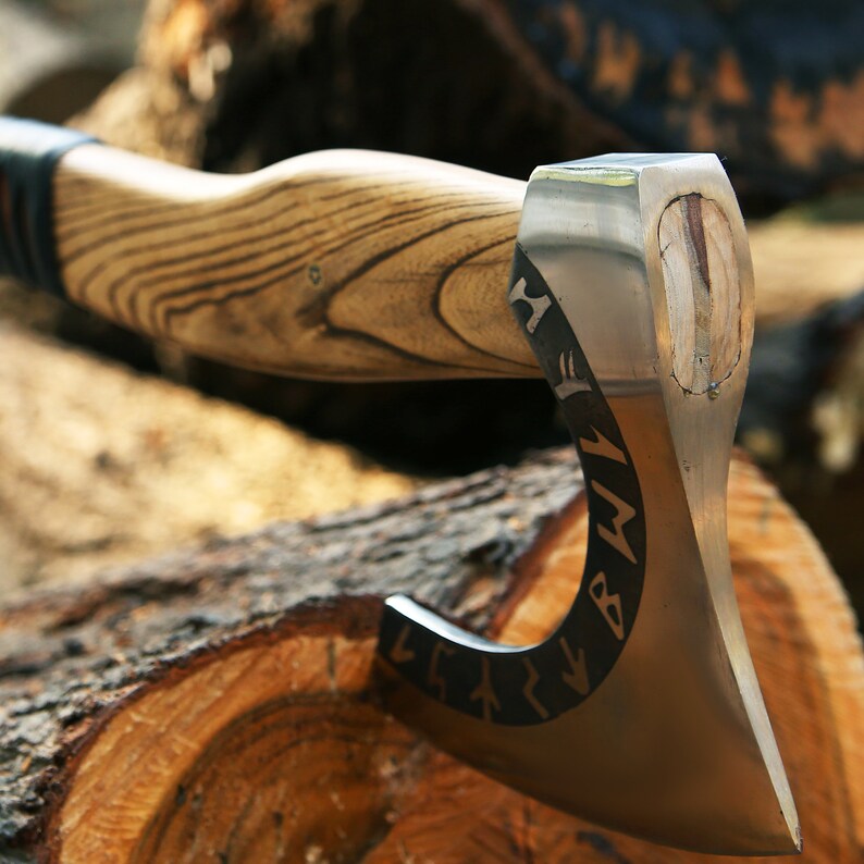 Custom Gift Carbon Steel Forest Viking Axe With Ash Wood Shaft Viking Bearded Camping Axe Christmas 5