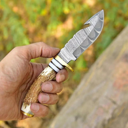 CUSTOM HANDMADE DAMASCUS HUNTING SKINNING KNIFE DEER STAG ANTLER HANDLE GUT HOOK
