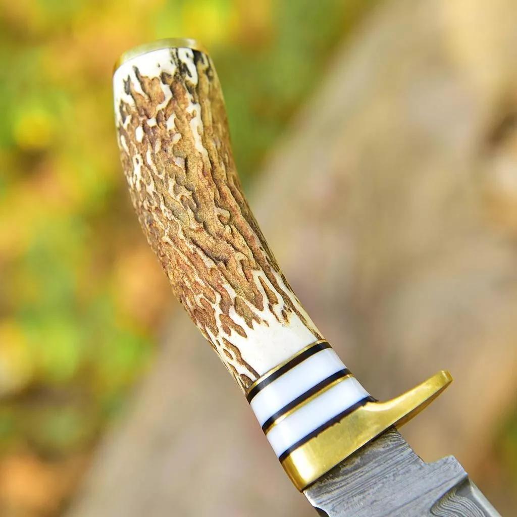 CUSTOM HANDMADE DAMASCUS HUNTING SKINNING KNIFE DEER STAG ANTLER HANDLE GUT HOOK 1