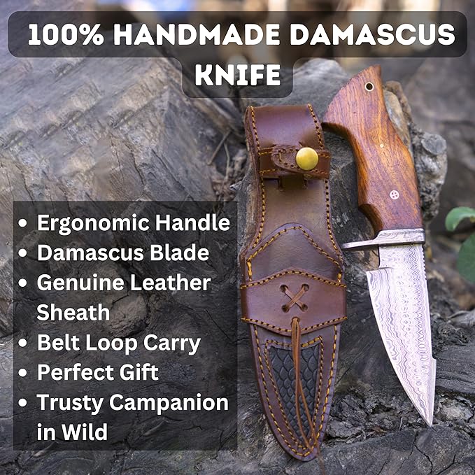 Custom Handmade Real Damascus Fixed Blade Knife With Sheath Fixed Blade Hunting Survival Knives Ros 4