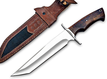 Custom Handmade 13.5 inches Bowie knife Fixed blade with leather sheath For Outdoor Survival EDC Camping Rose Wood