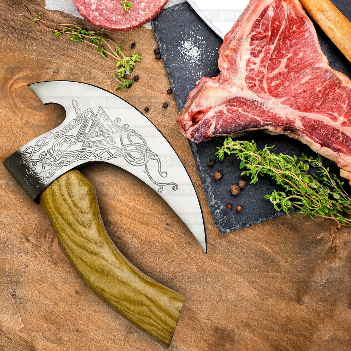 Unique Handmade Viking Pizza Cutter With Wooden Handle  UltraSharp Steel Axe Blade  Leather Sheath  1