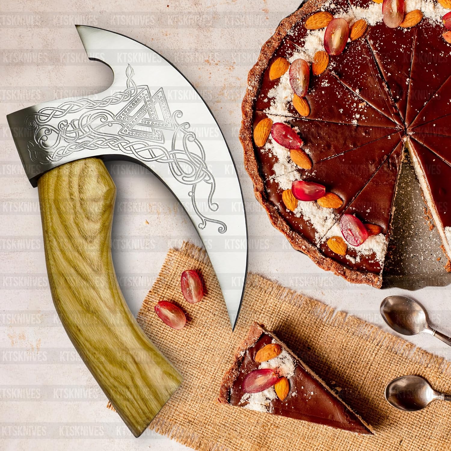 Unique Handmade Viking Pizza Cutter With Wooden Handle  UltraSharp Steel Axe Blade  Leather Sheath  3