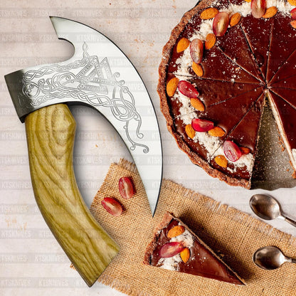 Unique Handmade Viking Pizza Cutter With Wooden Handle  UltraSharp Steel Axe Blade  Leather Sheath  3