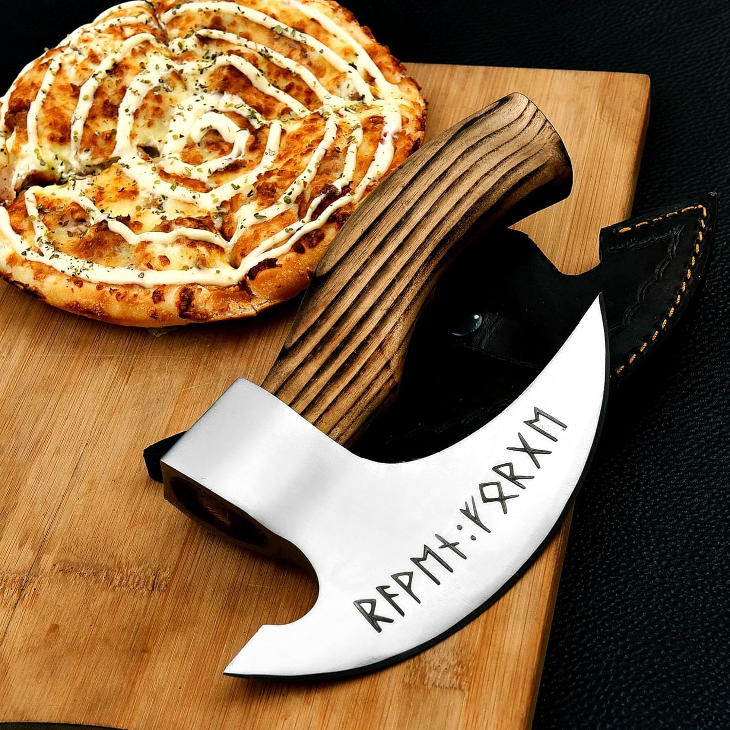 Handmade 9.5 inches Viking Pizza Cutter with Rosewood Handle - Super Sharp Carbon Steel Axe Blade, Pizza Axe with Sheath