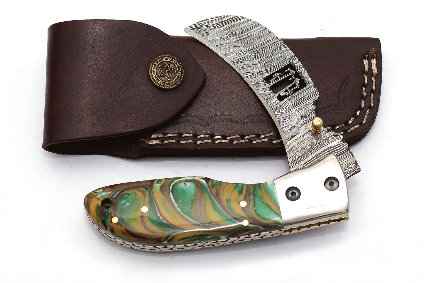 ALFARI Damascus Pocket Knife Clip For Men Folding Knife Deal For Camping Outdoor Hiking With Sheath 2