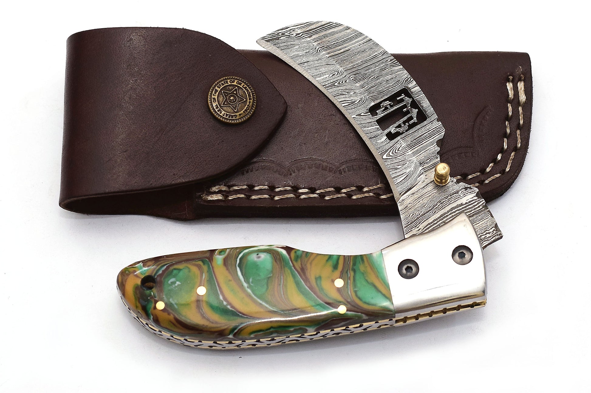 ALFARI Damascus Pocket Knife Clip For Men Folding Knife Deal For Camping Outdoor Hiking With Sheath 2