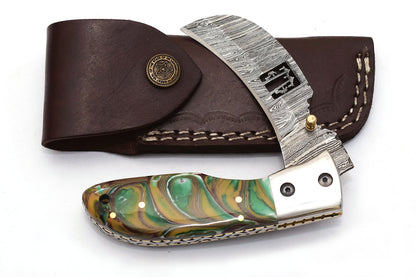 ALFARI Damascus Pocket Knife Clip For Men Folding Knife Deal For Camping Outdoor Hiking With Sheath 2