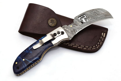 Damascus Pocket Knife Clip for Men Folding Knife deal for Camping, Outdoor, Hiking with Sheath Leather Blue Resin