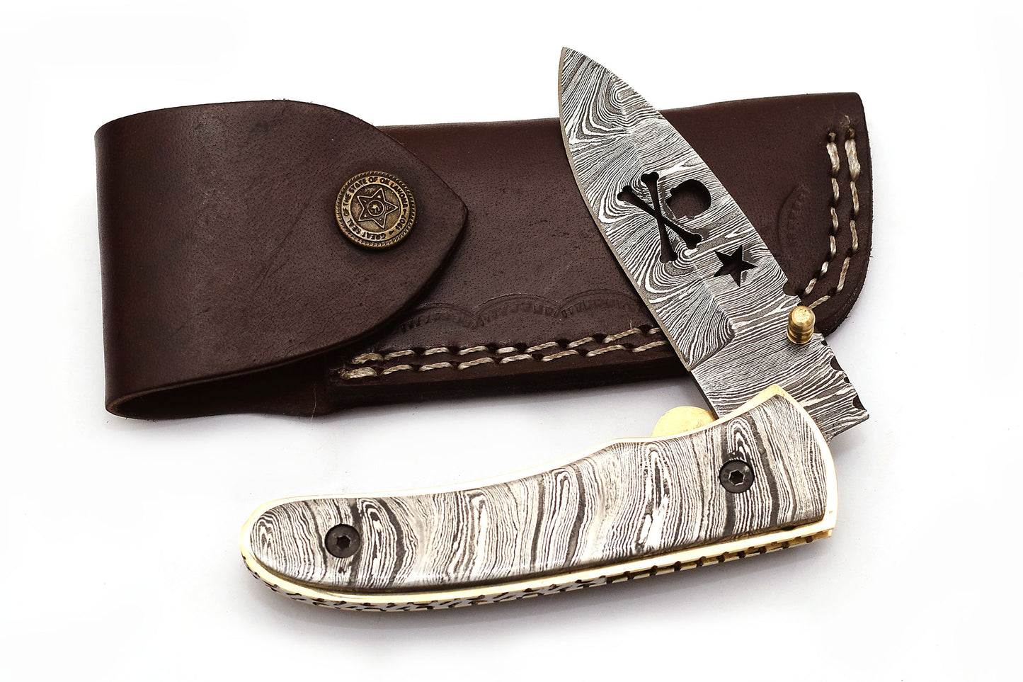 ALFARI Damascus Pocket Knife For Men Folding Knife Deal For Camping Outdoor Hiking With Sheath Leat 1