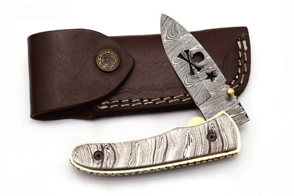 ALFARI Damascus Pocket Knife For Men Folding Knife Deal For Camping Outdoor Hiking With Sheath Leat 1