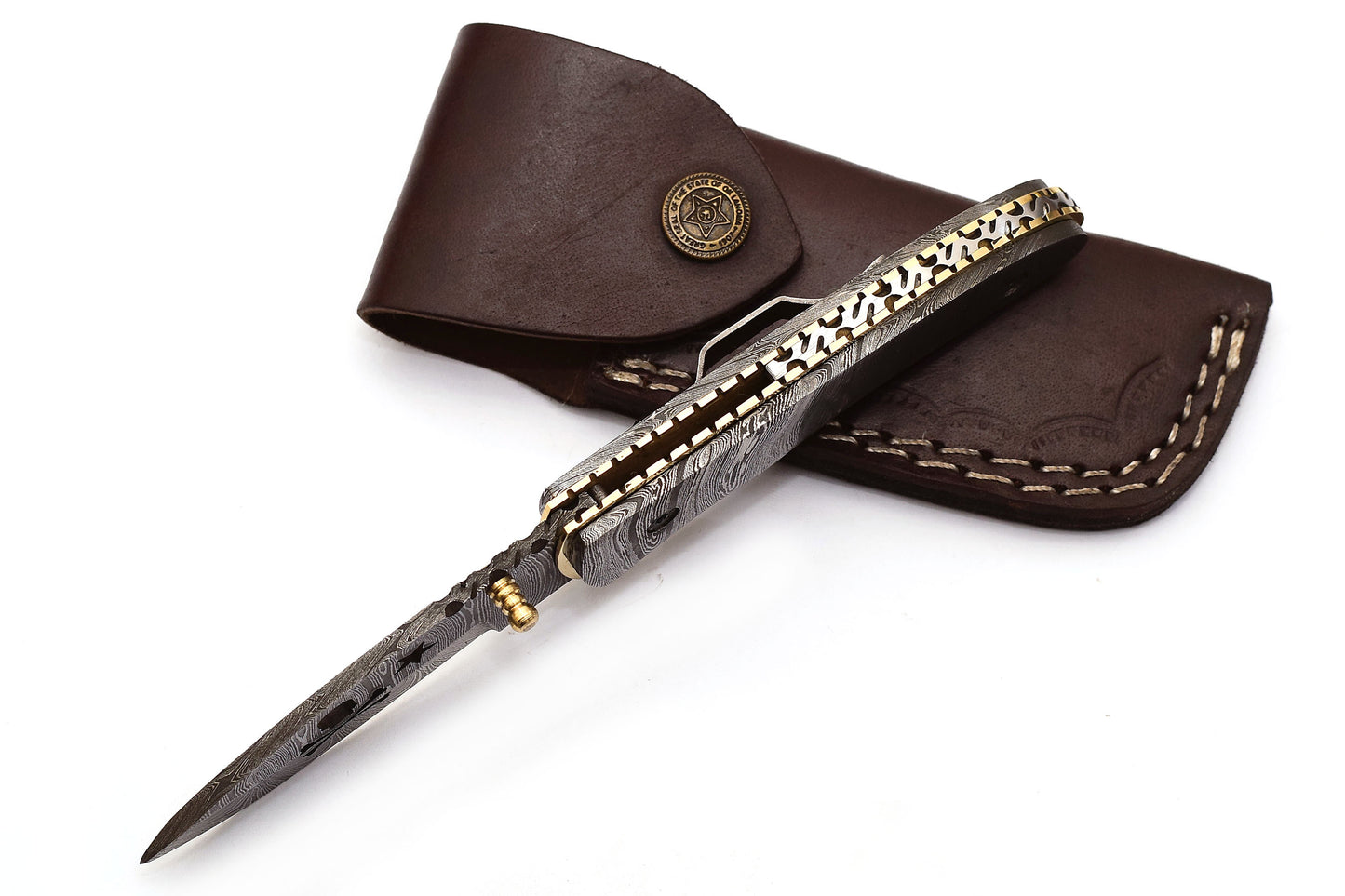 ALFARI Damascus Pocket Knife For Men Folding Knife Deal For Camping Outdoor Hiking With Sheath Leat 2