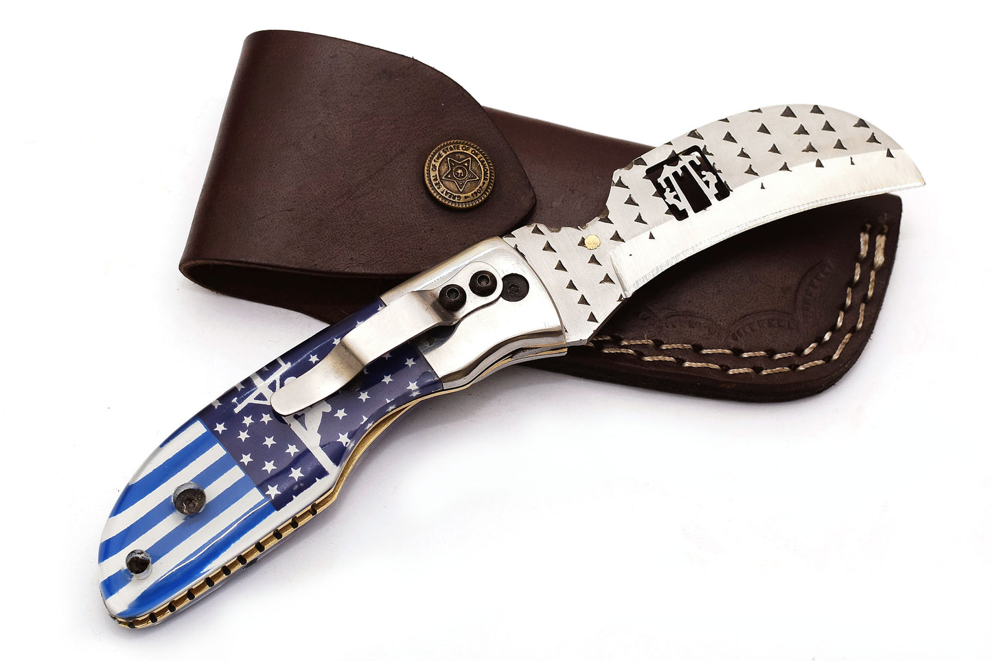 Damascus Pocket Knife for Men Folding Knife deal for Camping, Outdoor, Hiking with Sheath Leather Ideal for EDC