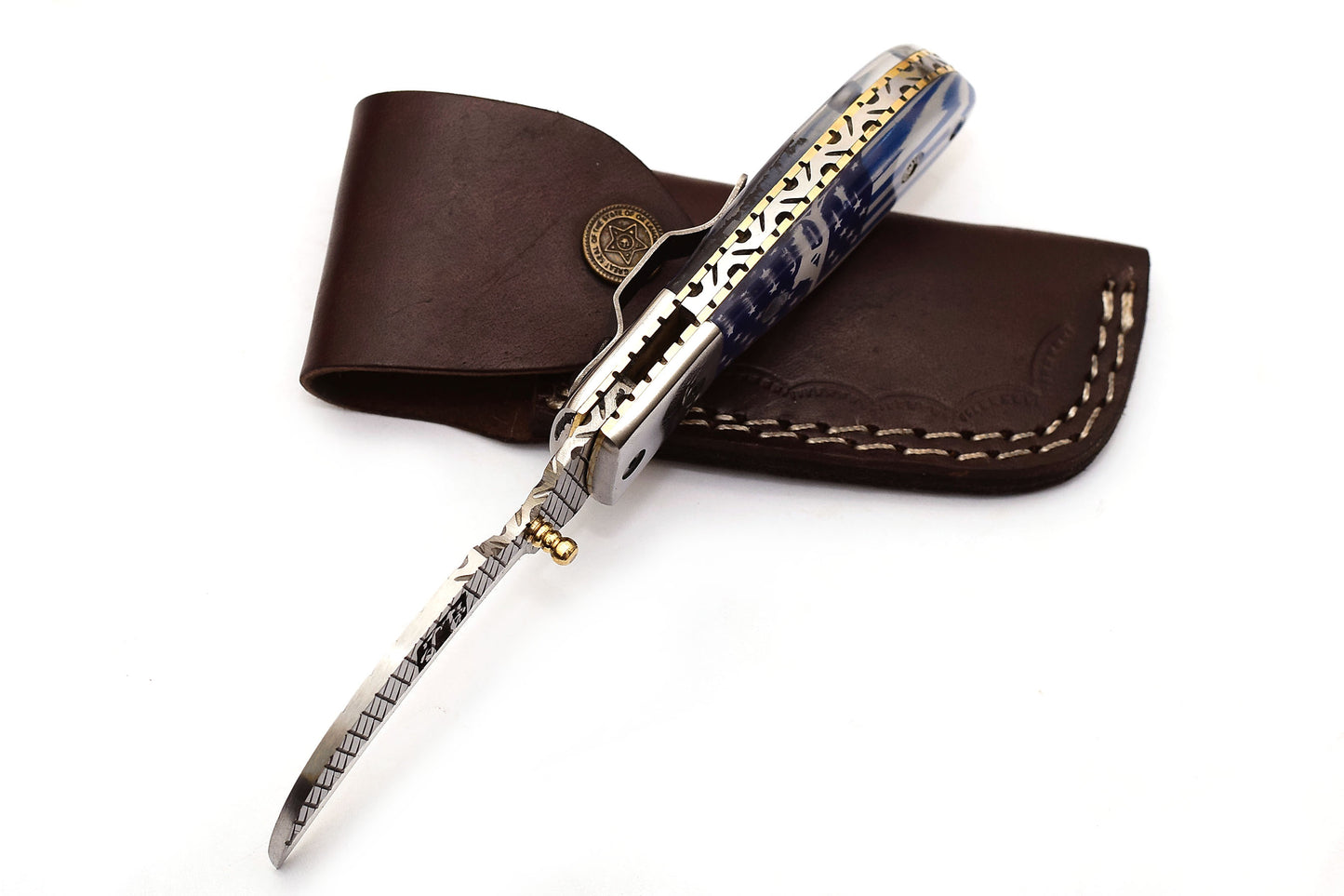 ALFARI Damascus Pocket Knife For Men Folding Knife Deal For Camping Outdoor Hiking With Sheath Leat 2