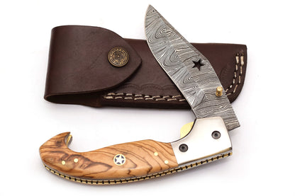 Damascus Pocket Knife Clip for Men Folding Knife deal for Camping, Outdoor, Hiking with Sheath Ideal for EDC