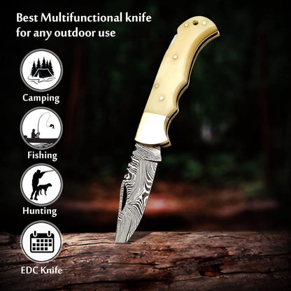 ALFARI Damascus Pocket Knife For Men Folding Knife Deal For Camping Outdoor Hiking With Sheath Idea 4