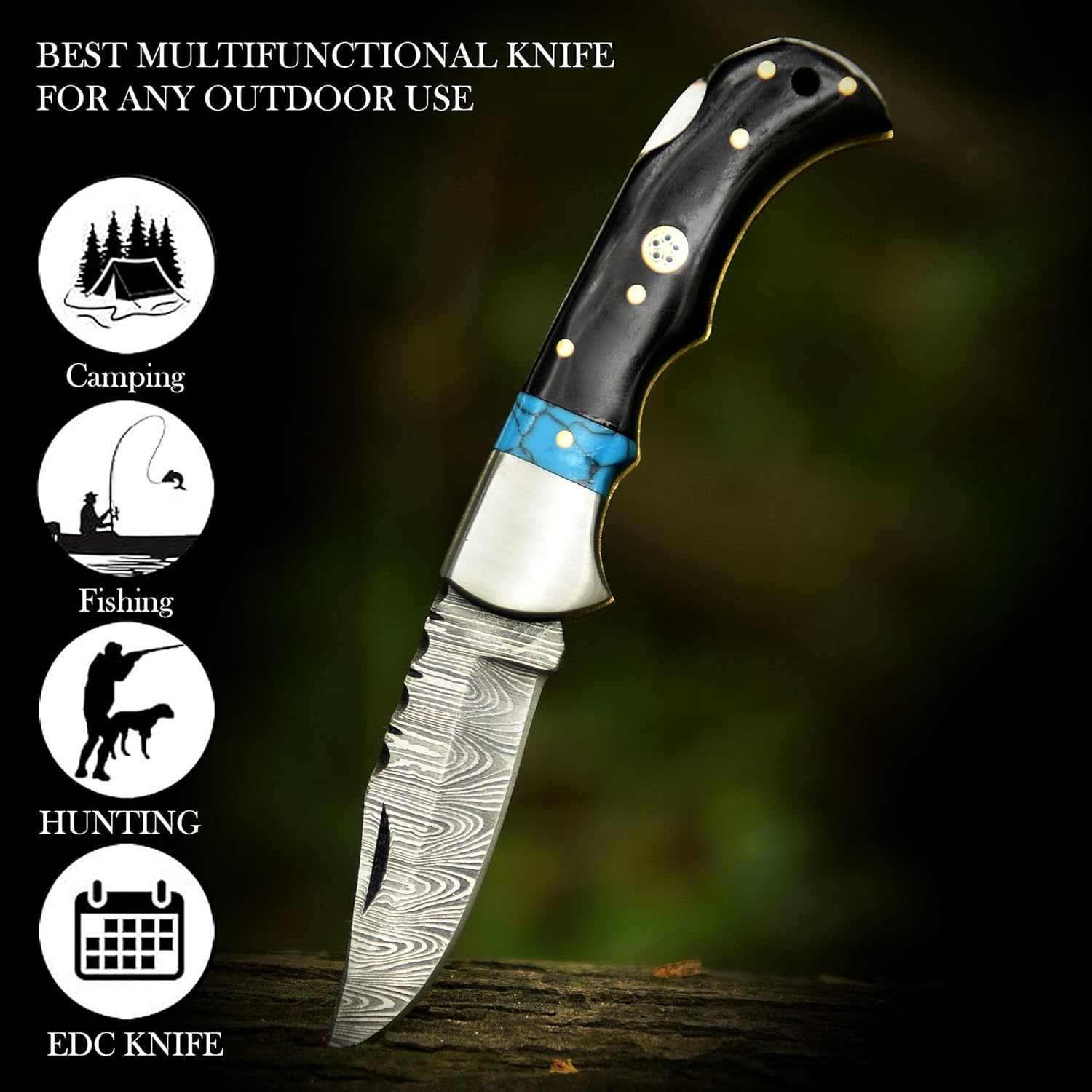 ALFARI Damascus Folding Pocket Knife For Men Deal For Camping Outdoor Hiking With Sheath Ideal For  1
