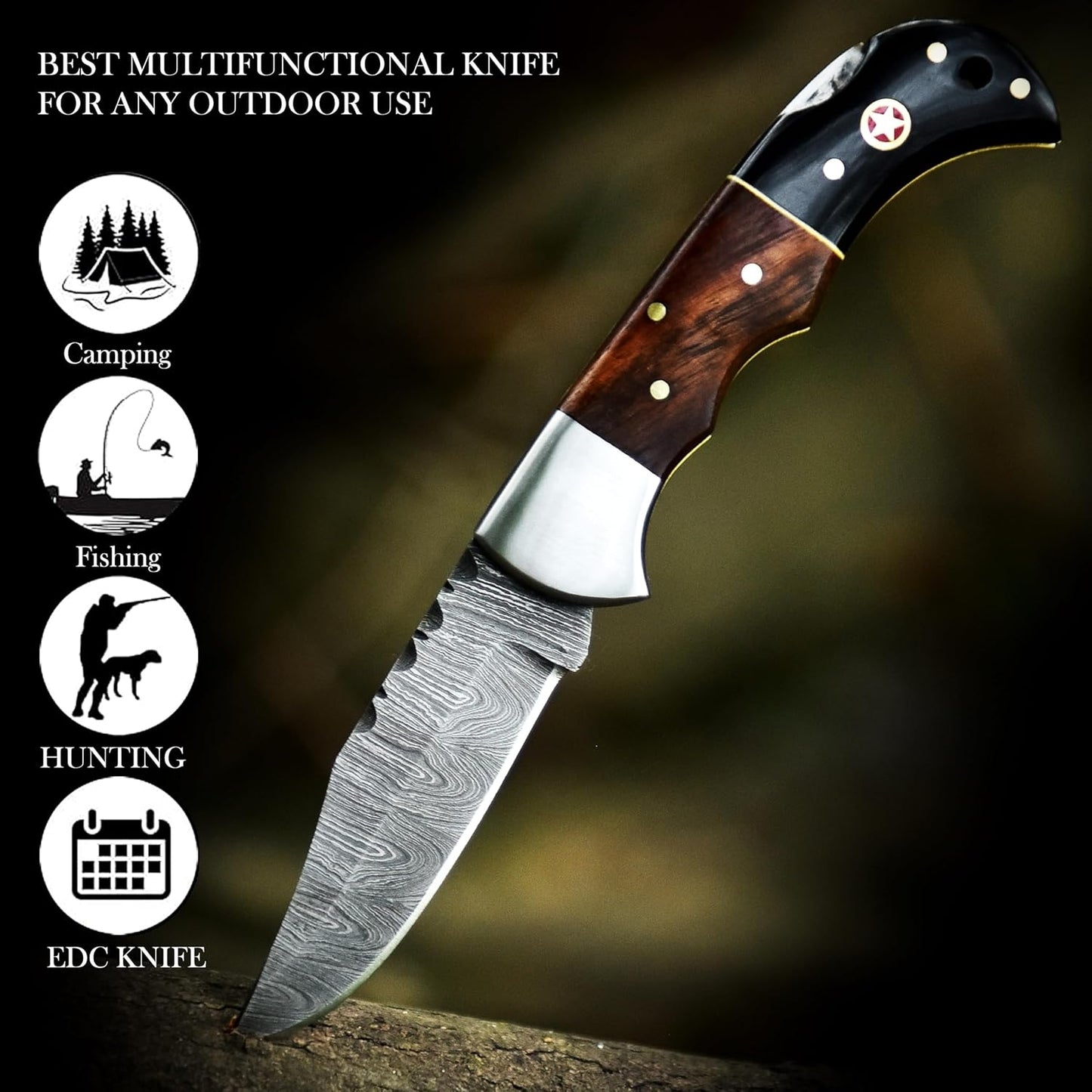 ALFARI Damascus Folding Pocket Knife For Men Deal For Camping Outdoor Hiking With Sheath Ideal For  1