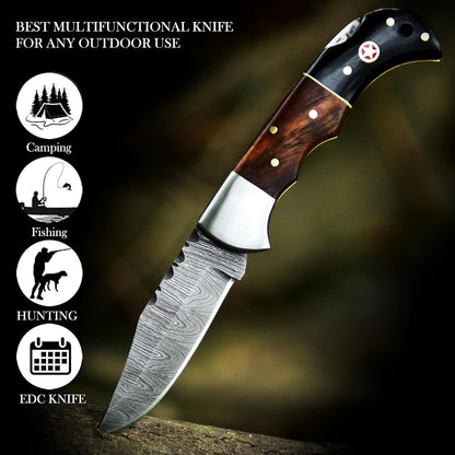 ALFARI Damascus Folding Pocket Knife For Men Deal For Camping Outdoor Hiking With Sheath Ideal For  1
