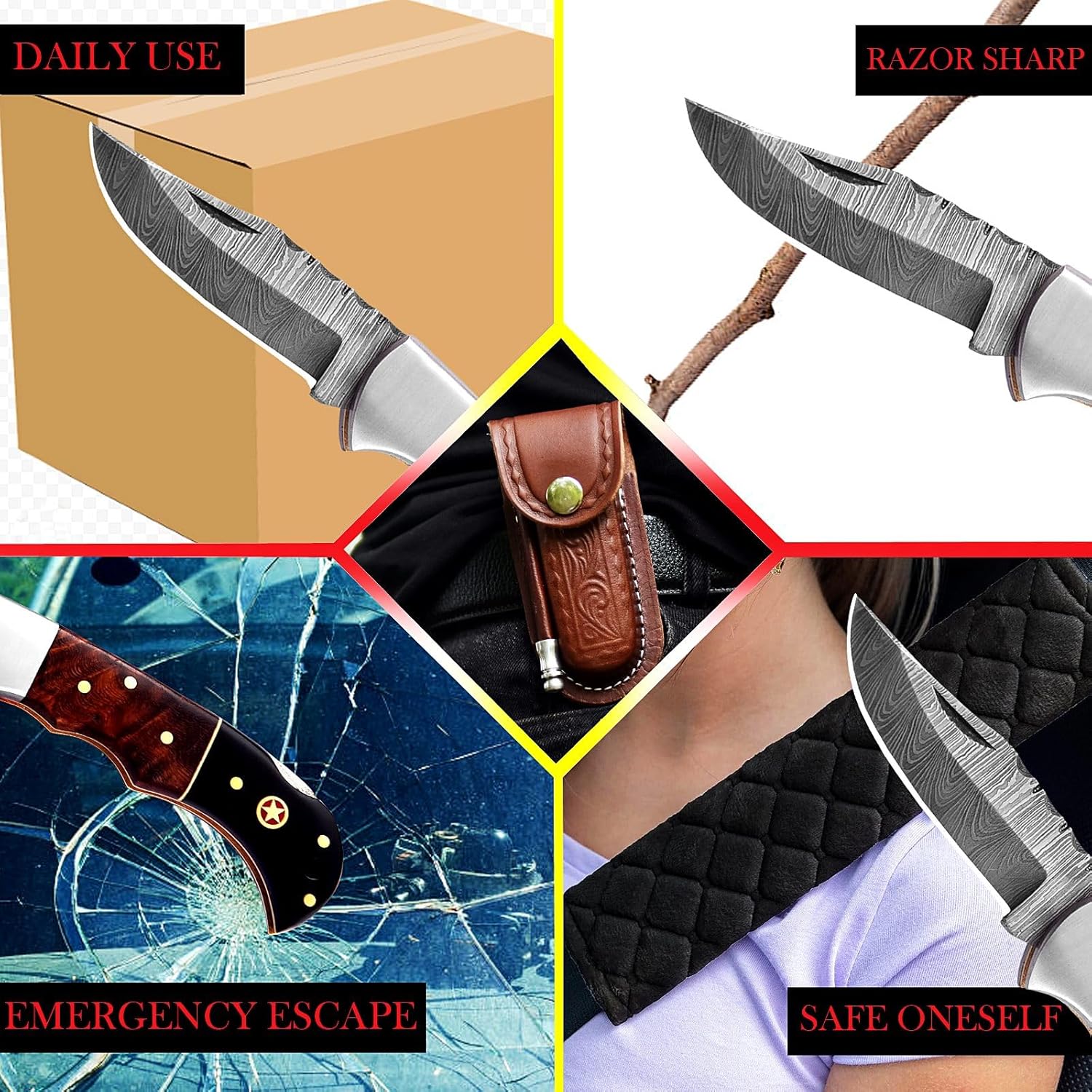 ALFARI Damascus Folding Pocket Knife For Men Deal For Camping Outdoor Hiking With Sheath Ideal For  4