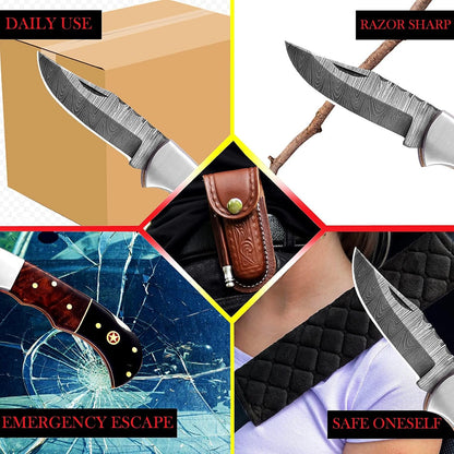 ALFARI Damascus Folding Pocket Knife For Men Deal For Camping Outdoor Hiking With Sheath Ideal For  4