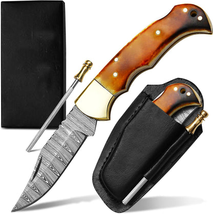 Damascus Folding Pocket Knife for Men deal for Camping, Outdoor, Hiking with Sheath Ideal for EDC (Burn Bone)