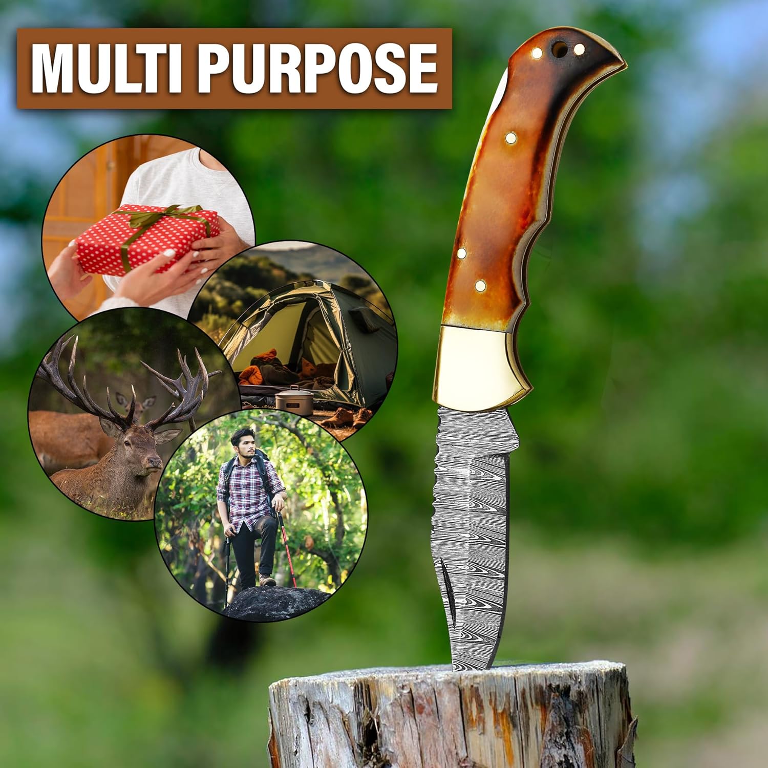 ALFARI Damascus Folding Pocket Knife For Men Deal For Camping Outdoor Hiking With Sheath Ideal For  1
