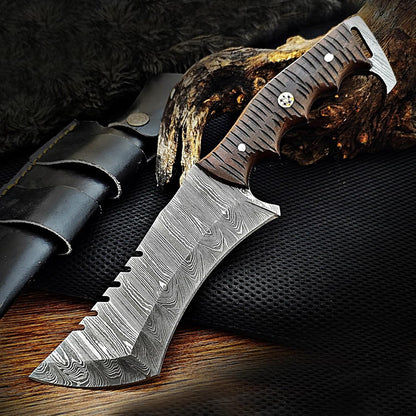 Damascus Tracker Knife with Sheath For Outdoor Survival Camping Bushcraft Fixed Blade Hunting Knife Horizontal Carry