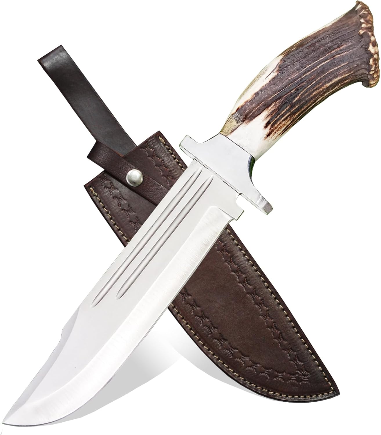 D2 Bowie Knife Stag horn Large Crocodile Dundee Bowie Knife with Leather Sheath Fixed Blade Knife with Sheath