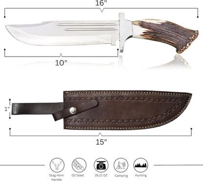ALFARI D2 Bowie Knife Stag Horn Large Crocodile Dundee Bowie Knife With Leather Sheath Fixed Blade  2