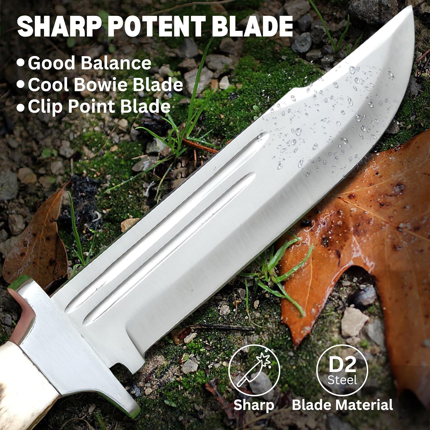ALFARI D2 Bowie Knife Stag Horn Large Crocodile Dundee Bowie Knife With Leather Sheath Fixed Blade  3