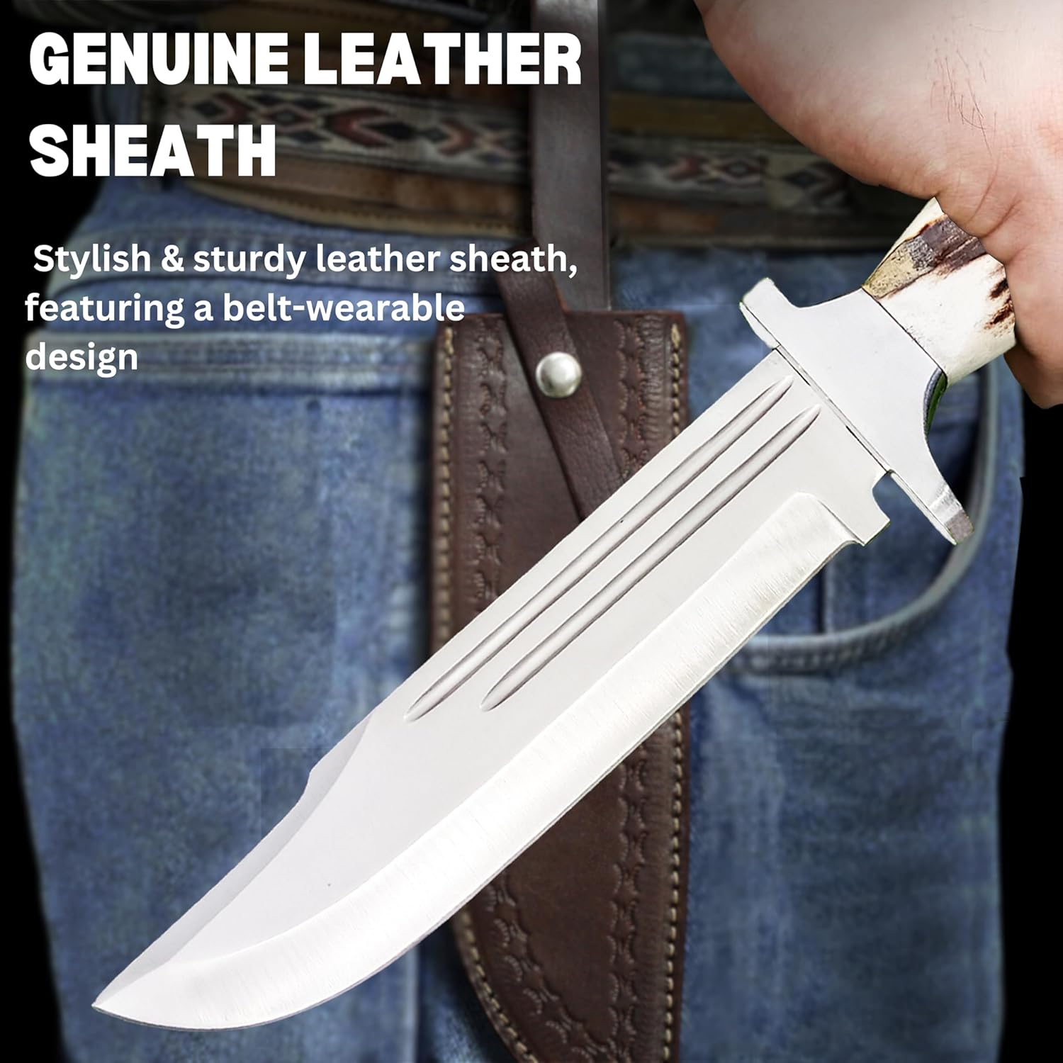ALFARI D2 Bowie Knife Stag Horn Large Crocodile Dundee Bowie Knife With Leather Sheath Fixed Blade  4