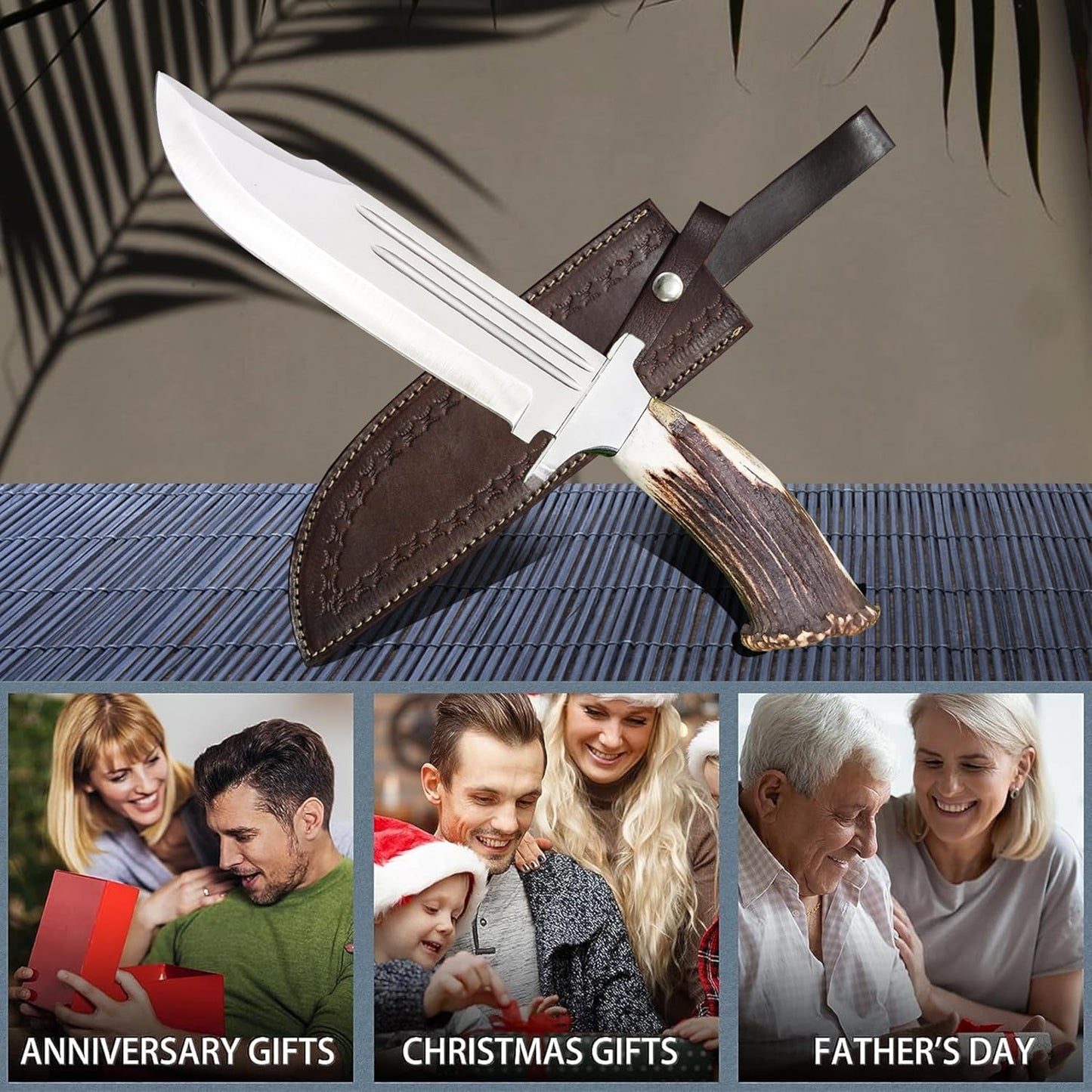 ALFARI D2 Bowie Knife Stag Horn Large Crocodile Dundee Bowie Knife With Leather Sheath Fixed Blade  5