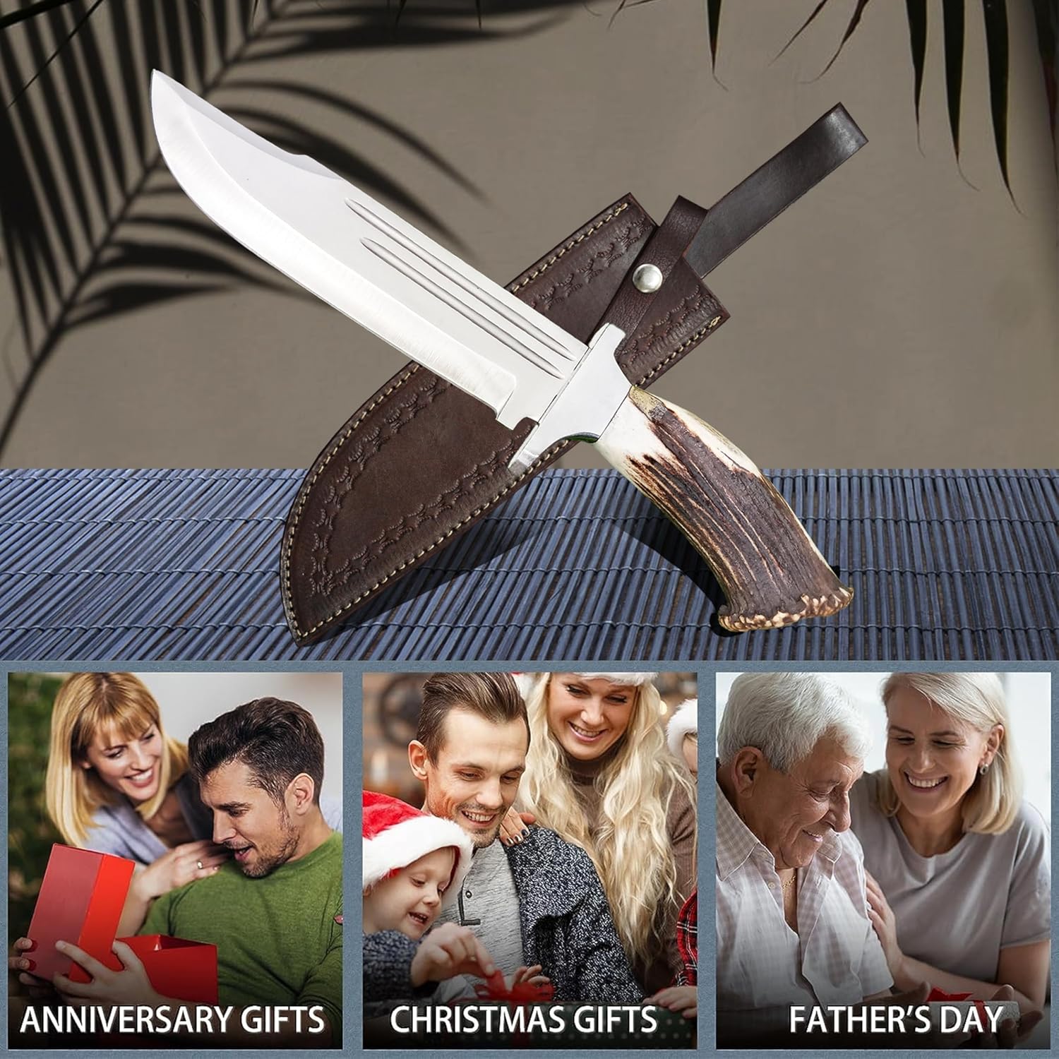ALFARI D2 Bowie Knife Stag Horn Large Crocodile Dundee Bowie Knife With Leather Sheath Fixed Blade  5
