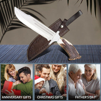 ALFARI D2 Bowie Knife Stag Horn Large Crocodile Dundee Bowie Knife With Leather Sheath Fixed Blade  5