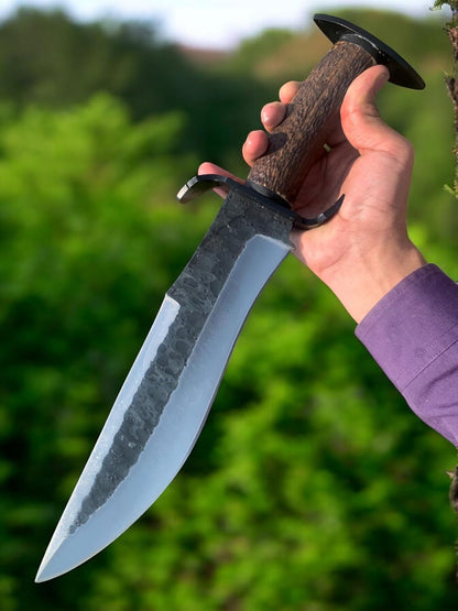 D2 Bowie Knife Stag horn Large Crocodile Dundee Bowie Knife Fixed Blade Hunting Knife with Leather Sheath