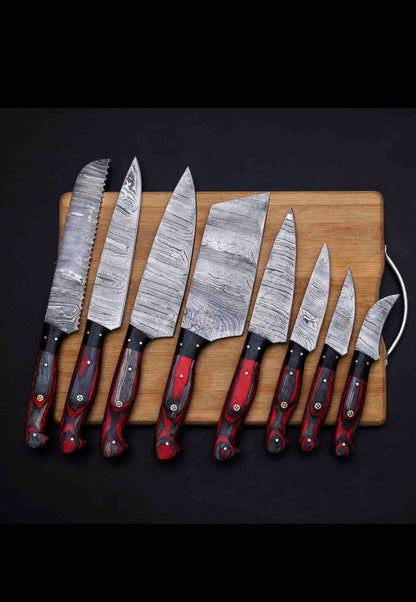 Handmade Damascus Steel Chef Set of 8Pcs With Leather Sheath Custom Christmas Gift For Him
