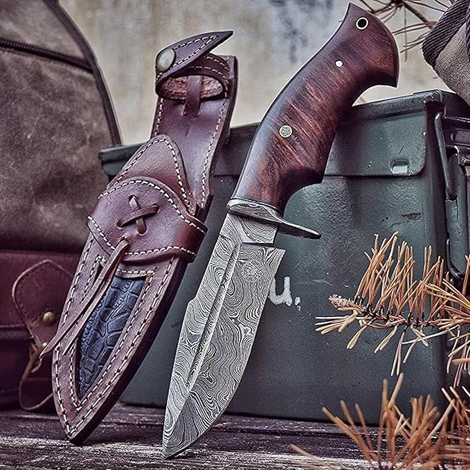 10 inches Handmade Damascus Hunting Knife - Bushcraft Fixed Blade Hunting Knife with Sheath and Walnut Wood Handle