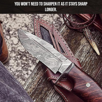 10 Inches Handmade Damascus Hunting Knife  Bushcraft Fixed Blade Hunting Knife With Sheath And Waln 2
