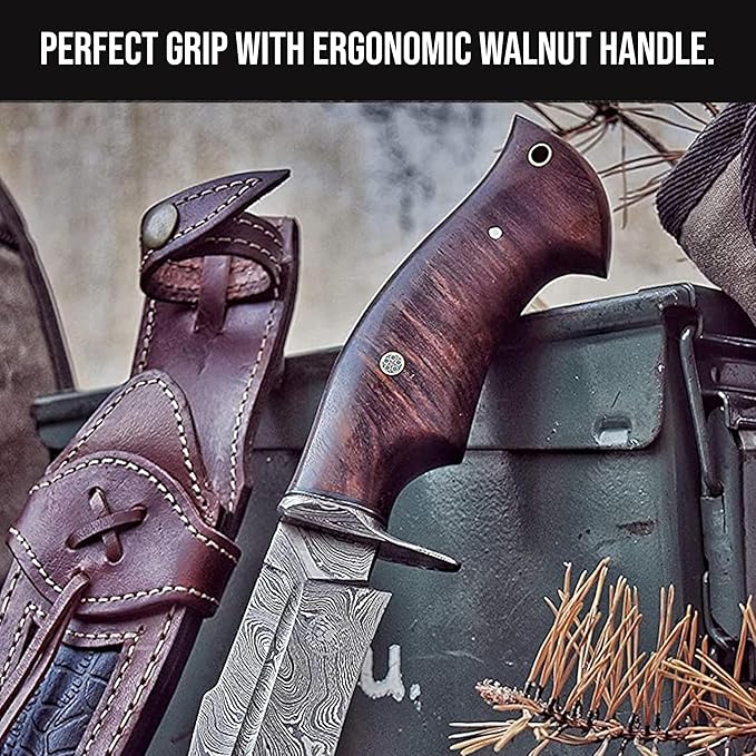10 Inches Handmade Damascus Hunting Knife  Bushcraft Fixed Blade Hunting Knife With Sheath And Waln 3