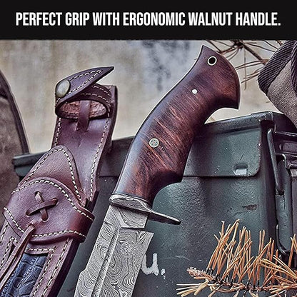 10 Inches Handmade Damascus Hunting Knife  Bushcraft Fixed Blade Hunting Knife With Sheath And Waln 3