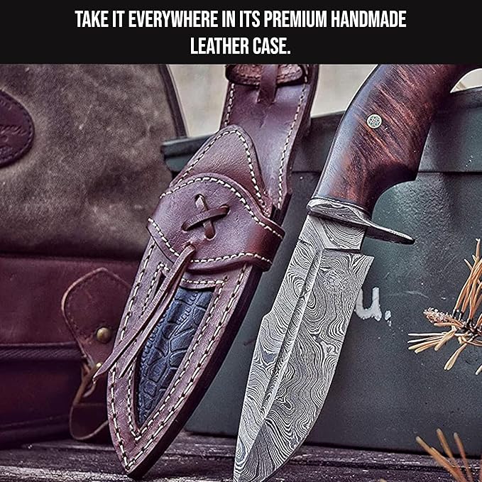 10 Inches Handmade Damascus Hunting Knife  Bushcraft Fixed Blade Hunting Knife With Sheath And Waln 4