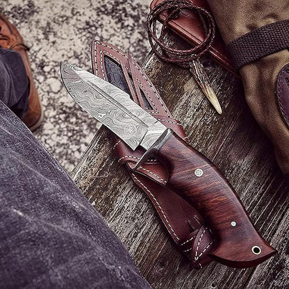 10 Inches Handmade Damascus Hunting Knife  Bushcraft Fixed Blade Hunting Knife With Sheath And Waln 5