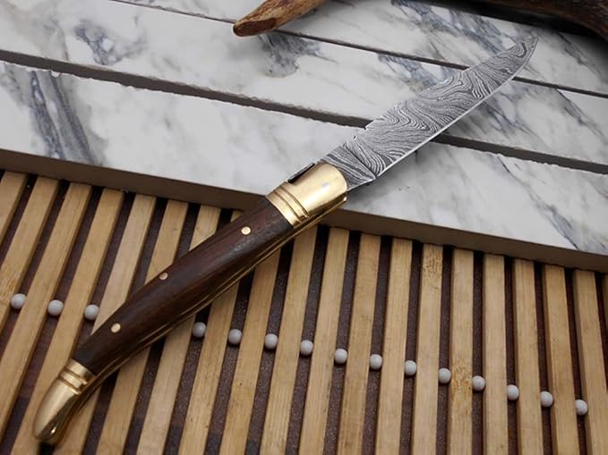 Laguiole Folding Damascus Steel Knife 85 Long With 4 Hand Forged Twist Patren Blade Rose Wood  Bras 1