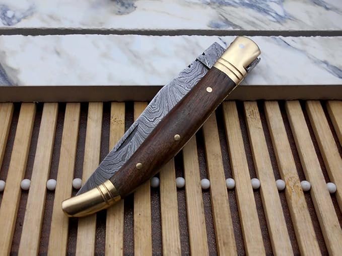 Laguiole Folding Damascus Steel Knife 85 Long With 4 Hand Forged Twist Patren Blade Rose Wood  Bras 3