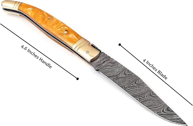Laguiole Damascus Steel Folding Knife 85 Long With 4 Hand Forged Custom Twist Pattern Blade Beige C 1