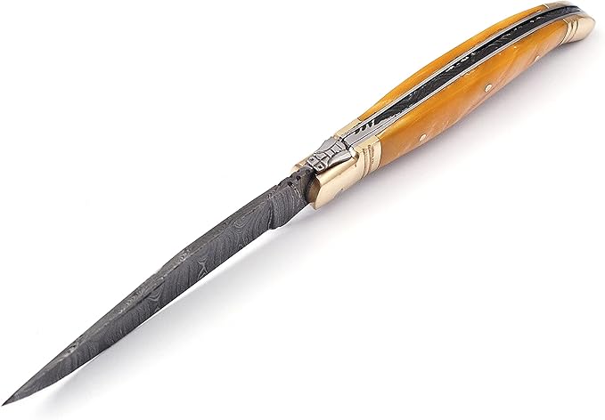 Laguiole Damascus Steel Folding Knife 85 Long With 4 Hand Forged Custom Twist Pattern Blade Beige C 2