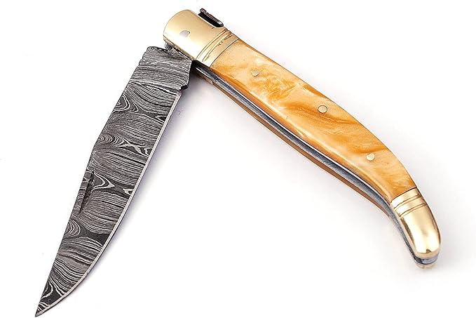 Laguiole Damascus Steel Folding Knife 85 Long With 4 Hand Forged Custom Twist Pattern Blade Beige C 3