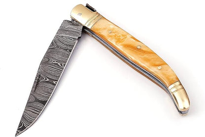 Laguiole Damascus Steel Folding Knife 85 Long With 4 Hand Forged Custom Twist Pattern Blade Beige C 3