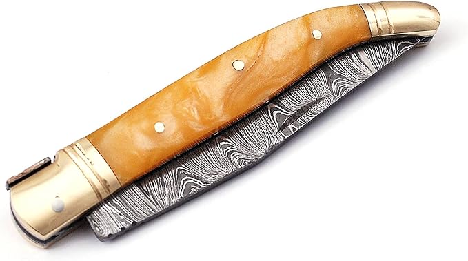 Laguiole Damascus Steel Folding Knife 85 Long With 4 Hand Forged Custom Twist Pattern Blade Beige C 4